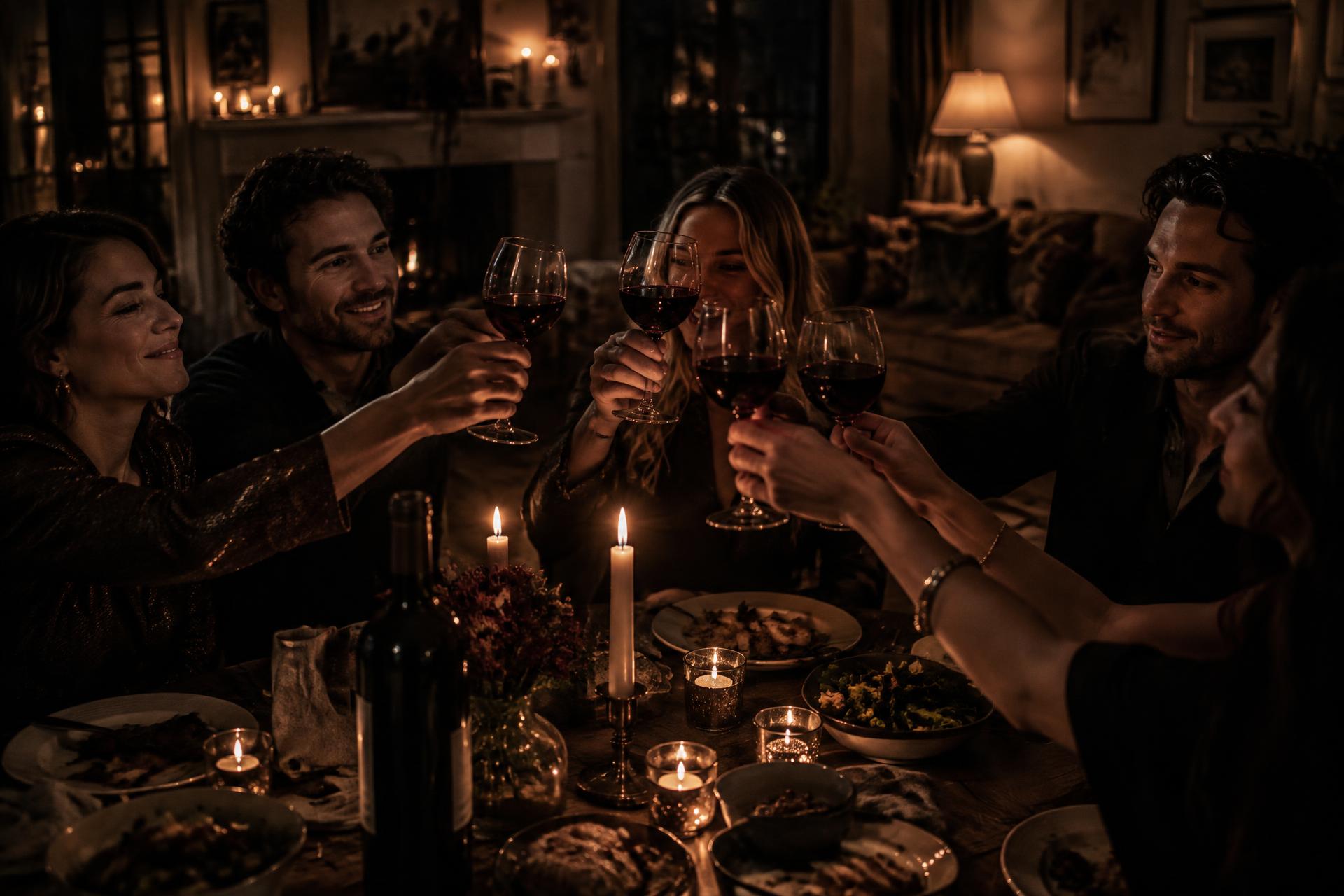 Friends toasting red wine around a candlelit table at home