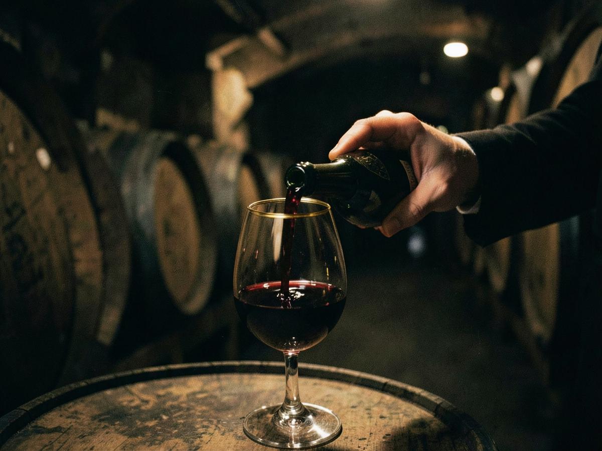 A winemaker pouring red wine in a barrel cellar